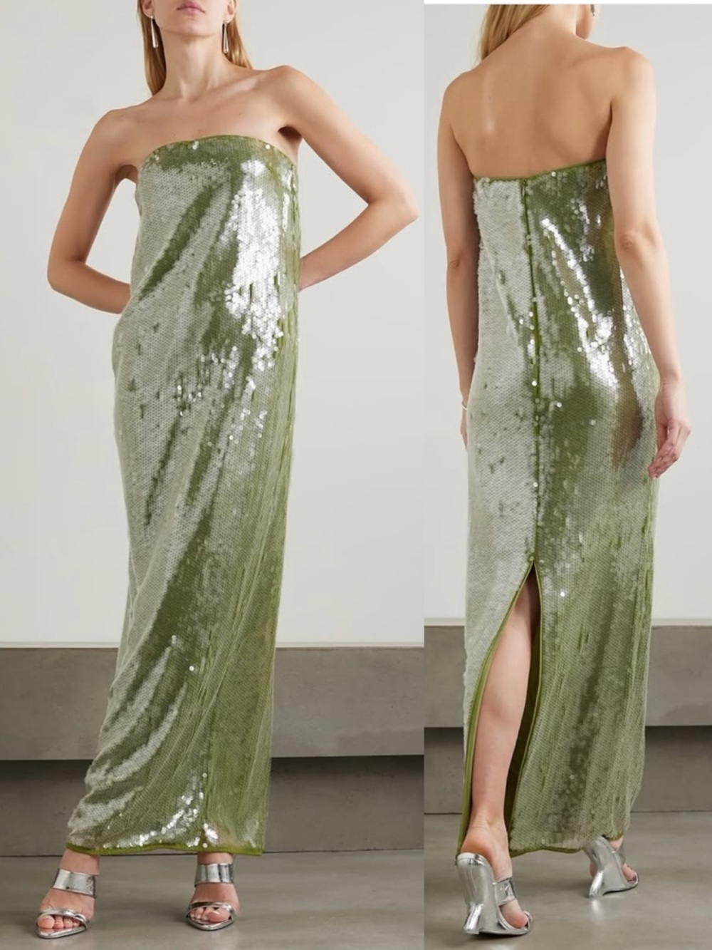 STAUD Casey Strapless Sequined Maxi Dress Garden Moss Green
